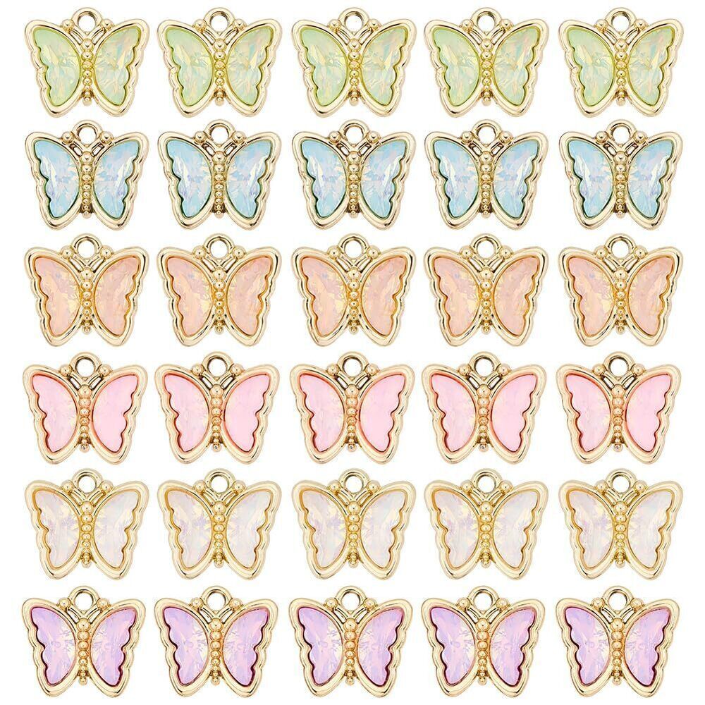 1222 1 Box 30Pcs Glass Butterfly Charms Alloy Butterfly Charms Bulk